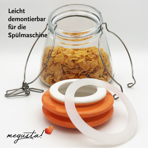 megusta® Vorratsglas 1200 ml | Deckel Keramik orange | Kaffeeglas, Müsliglas, Bonbonglas | luftdicht durch dicken Bügelverschluss + Silikonring