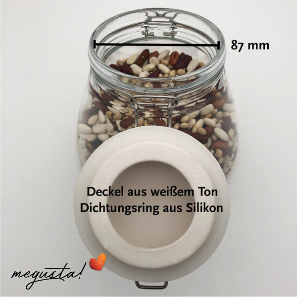 megusta® Vorratsglas 1200 ml | Deckel Keramik weiß | Kaffeeglas, Müsliglas, Bonbonglas | luftdicht durch dicken Bügelverschluss + Silikonring
